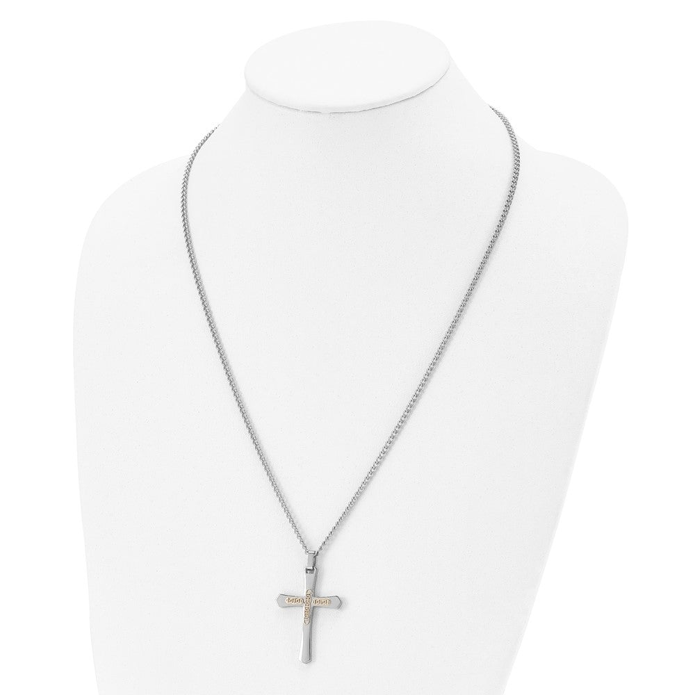 Chisel Stainless Steel Polished with 14k Yellow Gold Accent Cross Pendant on a 24 inch Curb Chain Necklace