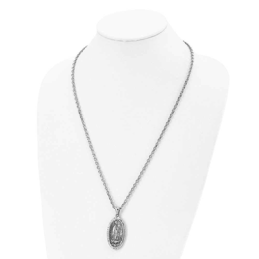 Chisel Stainless Steel Antiqued and Polished Spanish of Guadalupe Pendant on a 24 inch Cable Chain Necklace