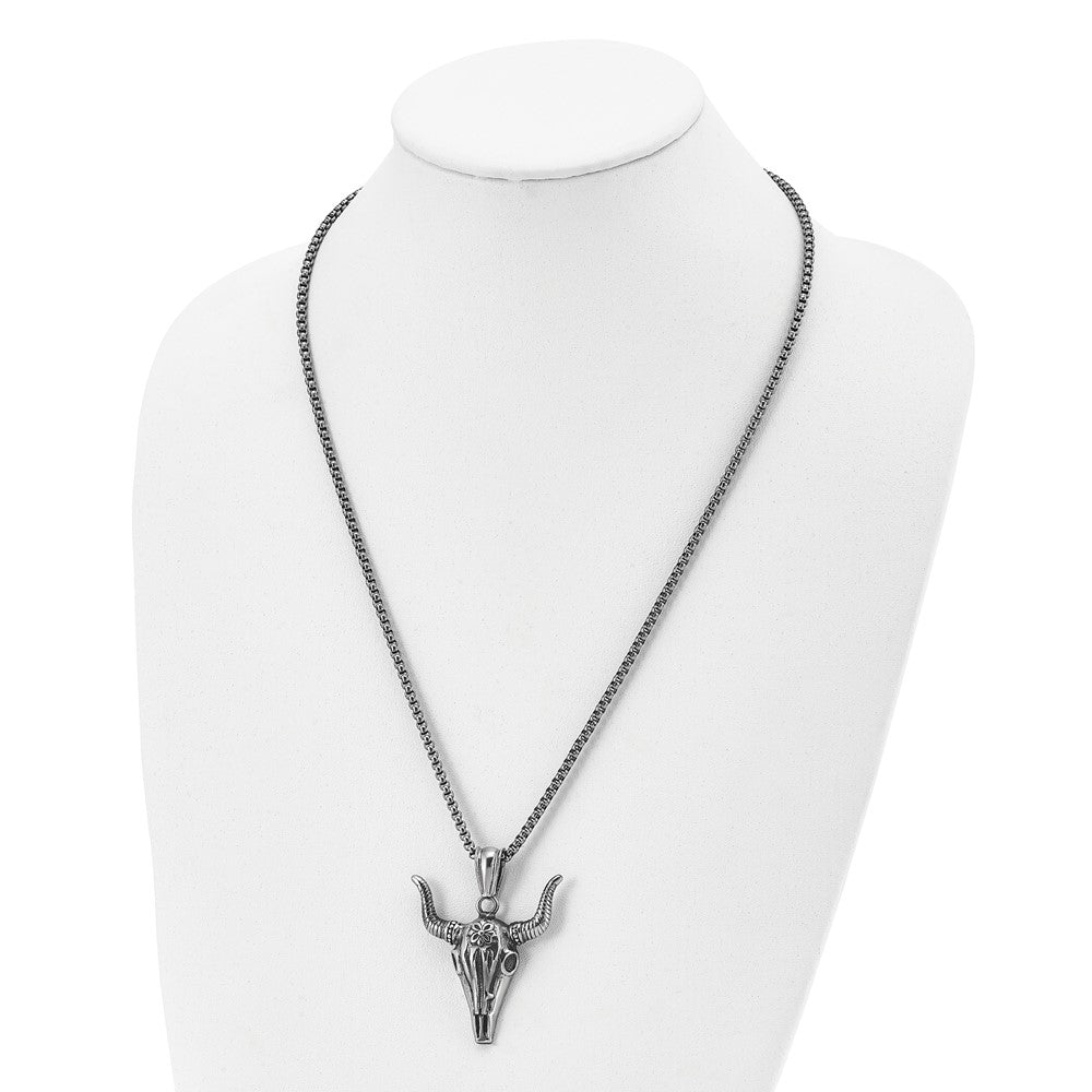 Chisel Stainless Steel Antiqued and Polished Bull Skull Pendant on a 24 inch Box Chain Necklace