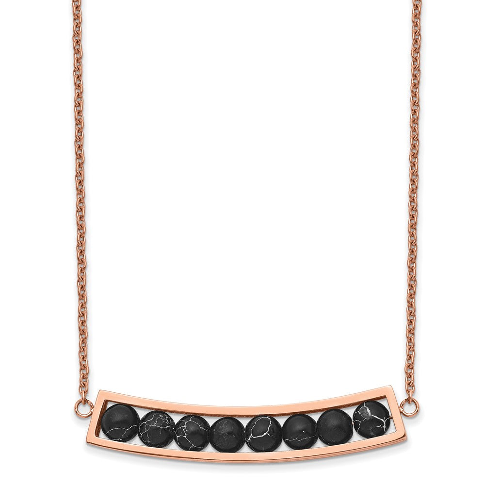 Chisel Stainless Steel Polished Rose IP-plated Bar with Black Grain Stone on a 17.5 inch Cable Chain with a 2 inch Extension Necklace
