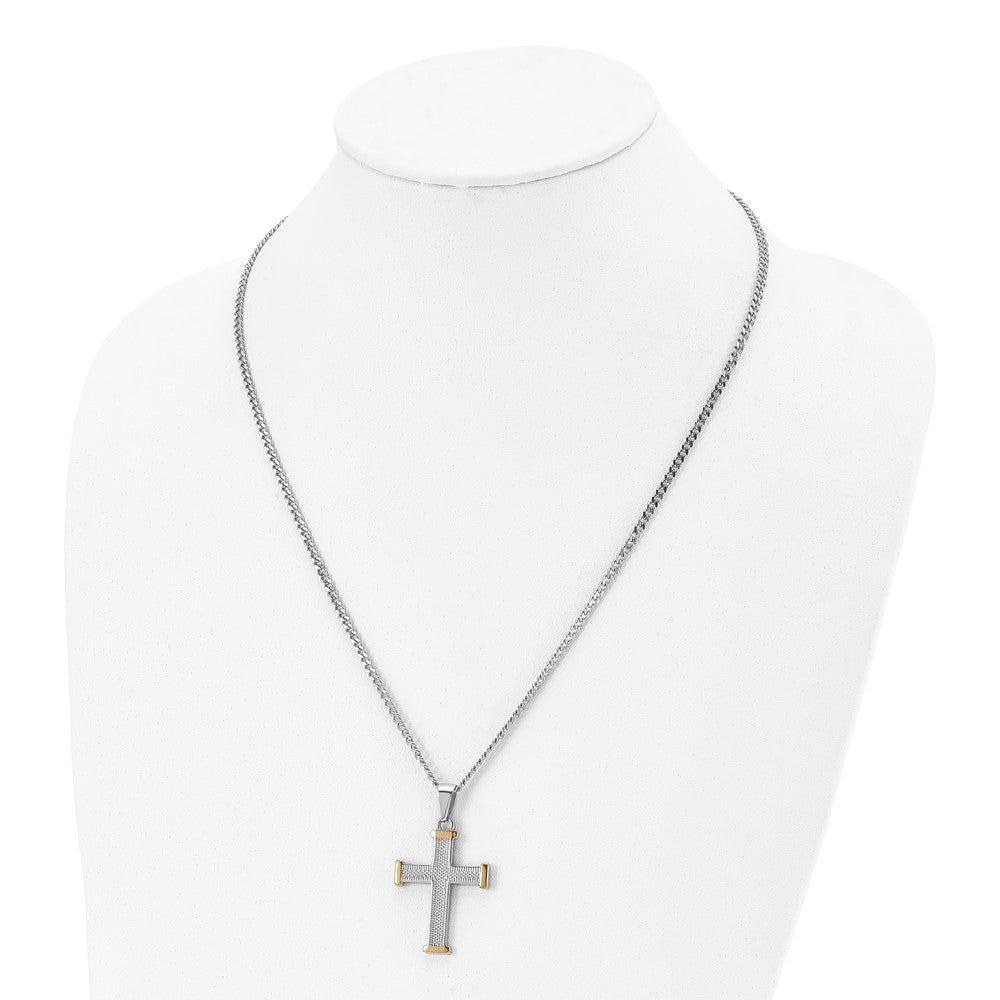 Chisel Stainless Steel Polished and Textured Yellow IP-plated Cross Pendant on a 22 inch Curb Chain Necklace
