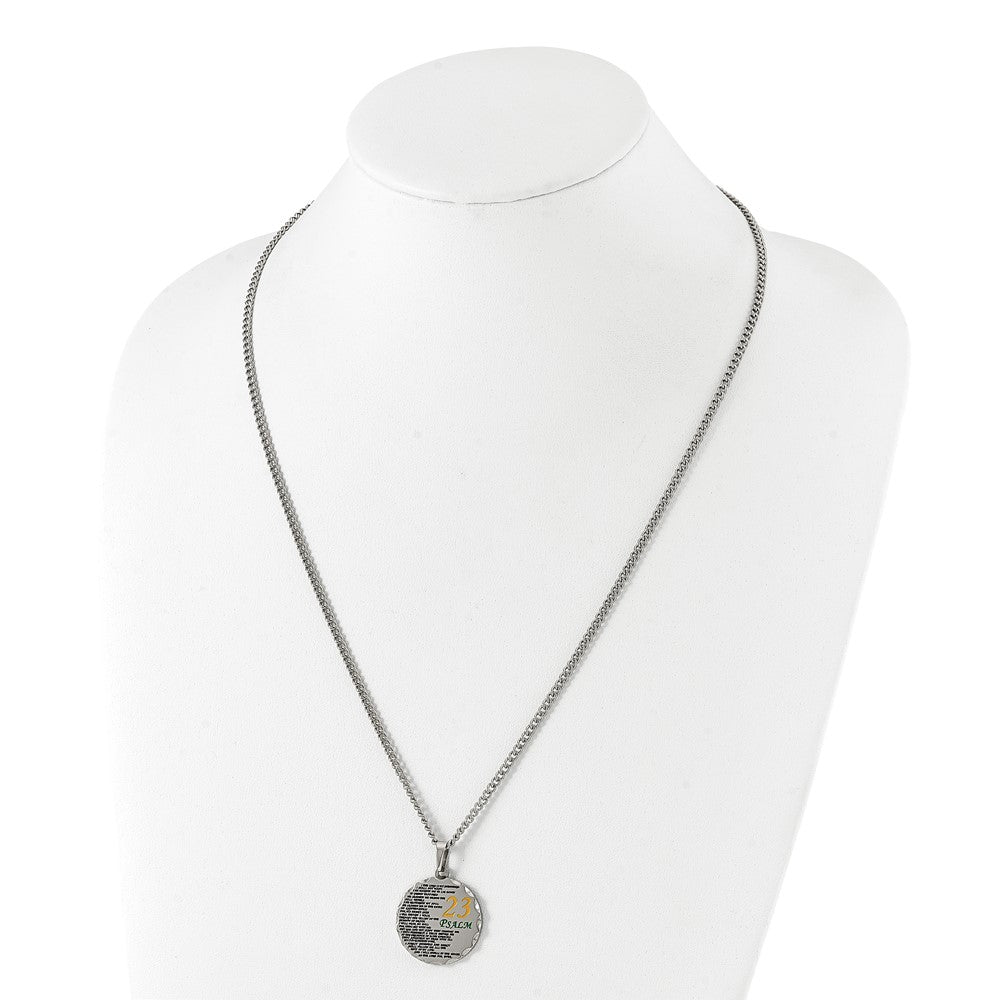 Chisel Stainless Steel Polished Acid Etched Psalm 23 Pendant on a 24 inch Curb Chain Necklace