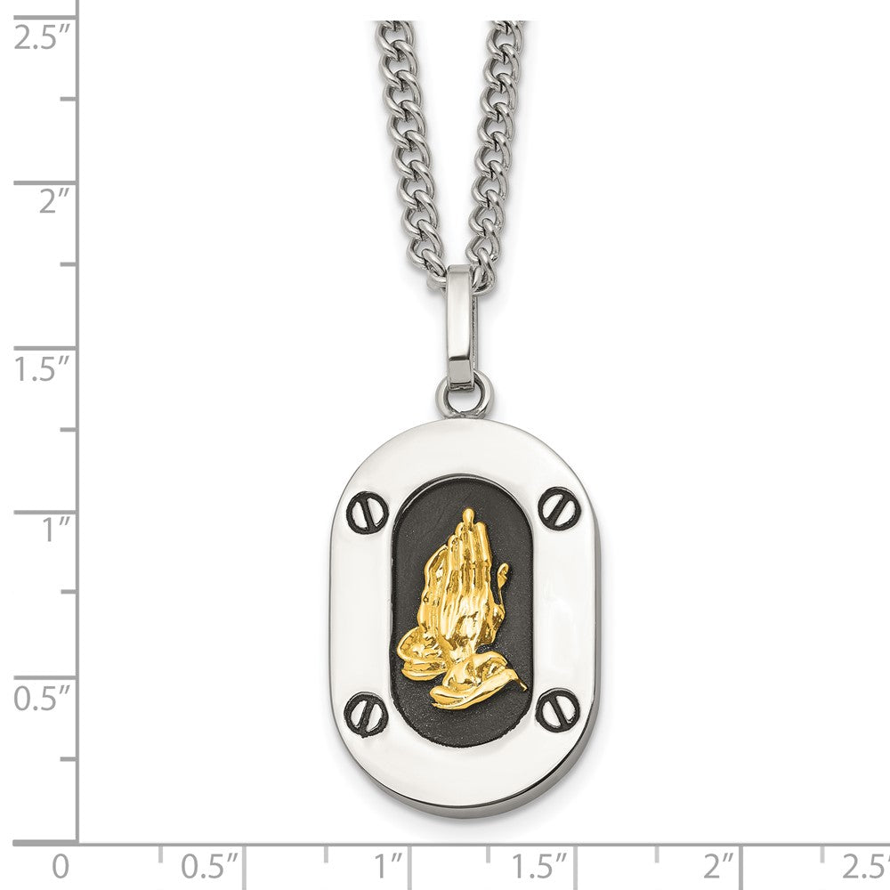 Chisel Stainless Steel Polished with 14K Gold Accent Praying Hands with Black Enamel Pendant on a 24 inch Curb Chain Necklace