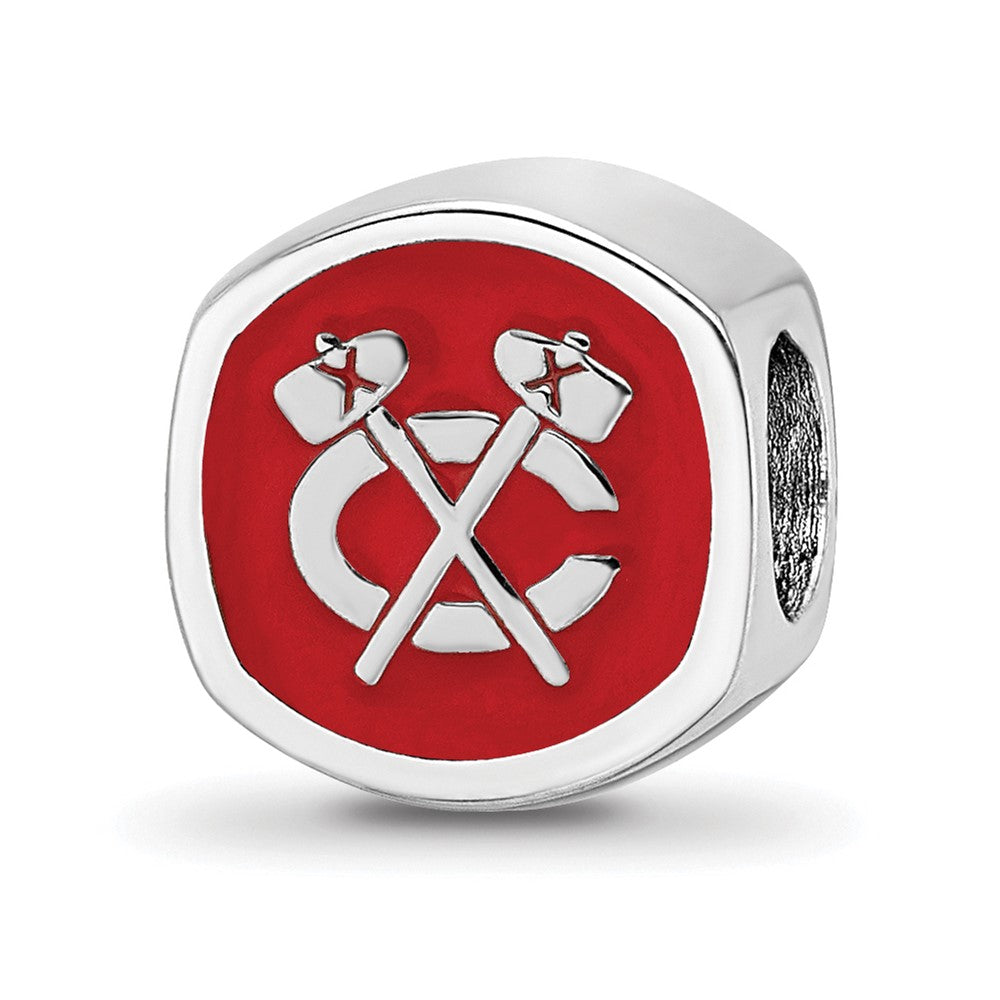 Sterling Silver Rhodium-plated NHL Chicago Blackhawks Double Logo Enameled Bead