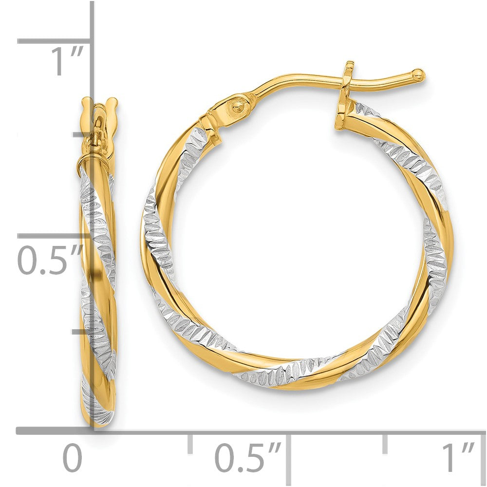 14K and White Rhodium Polished Diamond-cut Hoop Earrings