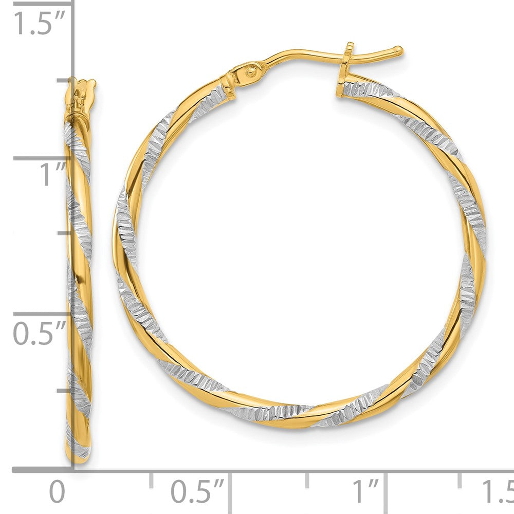14K Yellow Gold and White Rhodium Polished Diamond-cut Hoop Earrings