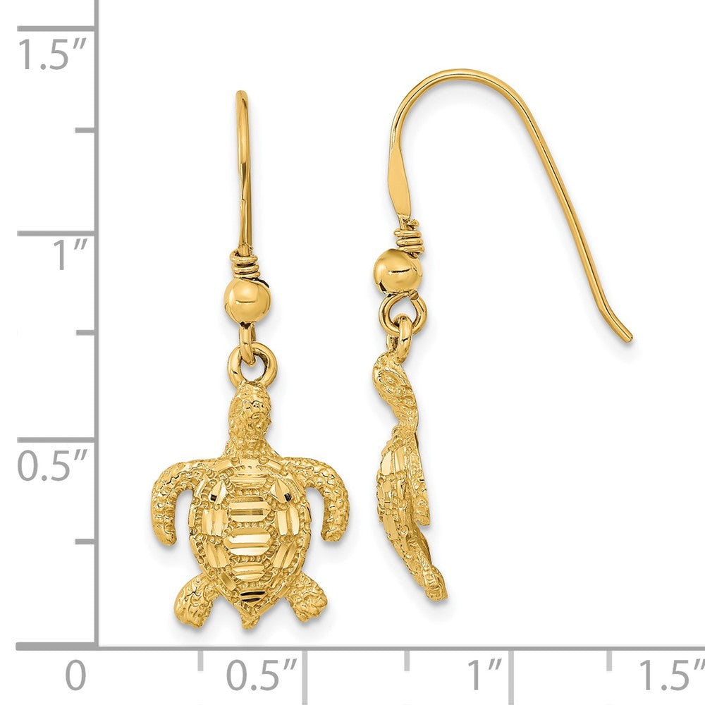 14k Yellow Gold Polished & Textured Diamond-cut Turtle Shepherd Hook Earrings