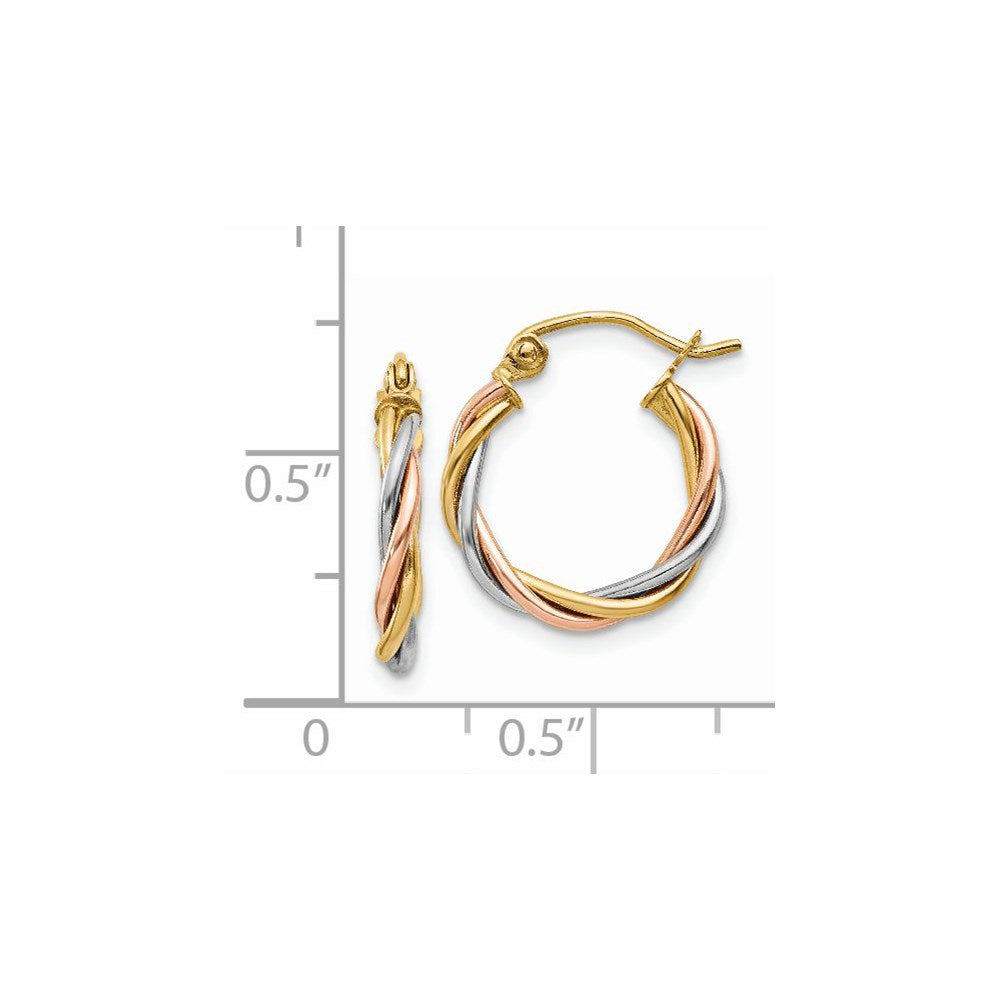14k Yellow Gold Tri-color Polished 2.5mm Twisted Hoop Earrings