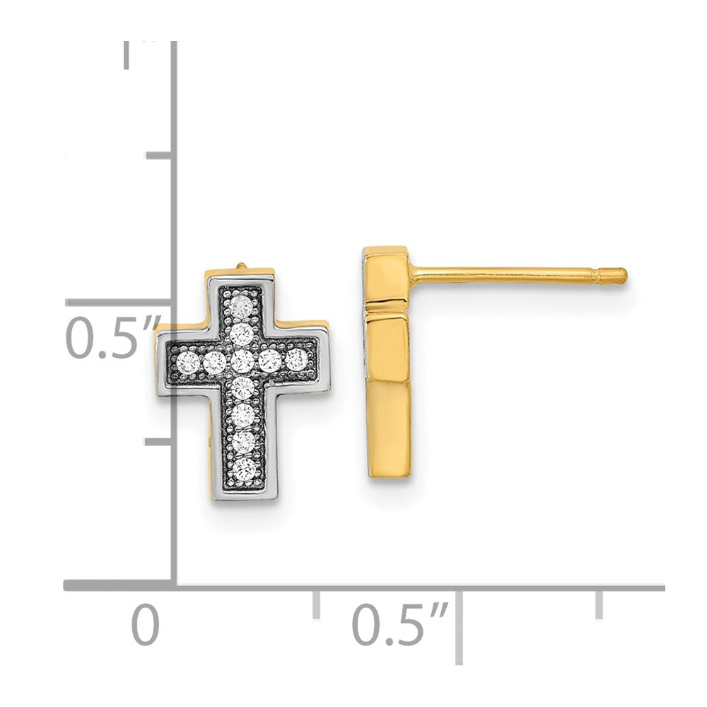 14k Yellow Gold w/Rhodium Micro Pav‚ CZ Cross Post Earrings