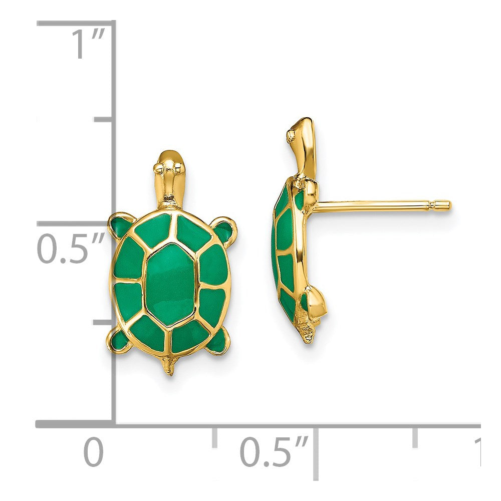 14K Land Turtle W/Green Enamel Shell Earrings