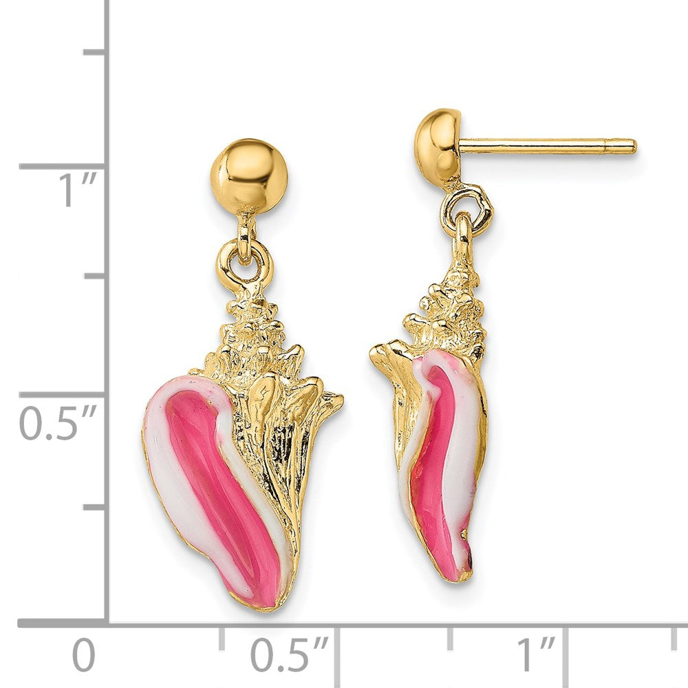 14k Yellow Gold and Pink Enamel Conch Shell Dangle Earrings