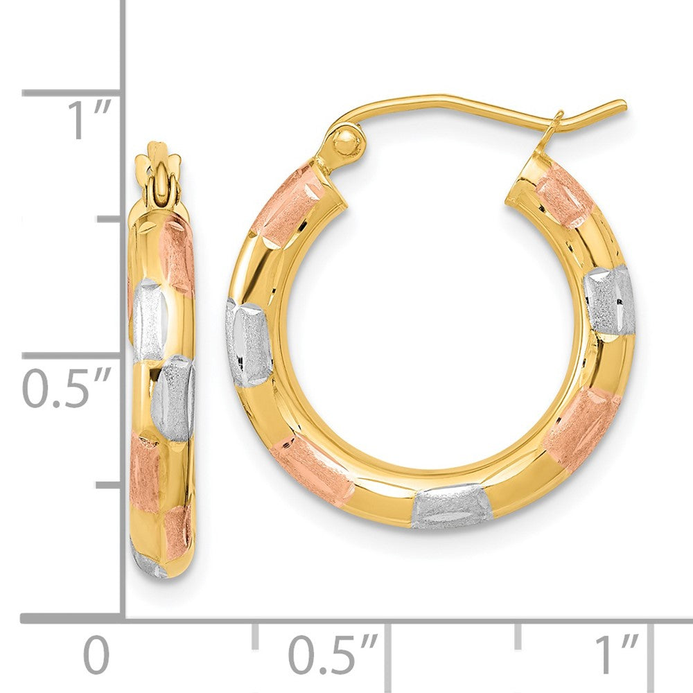 14k Yellow Gold w/White and Rose Rhodium Polished Satin Diamond-cut Hoop Earrings