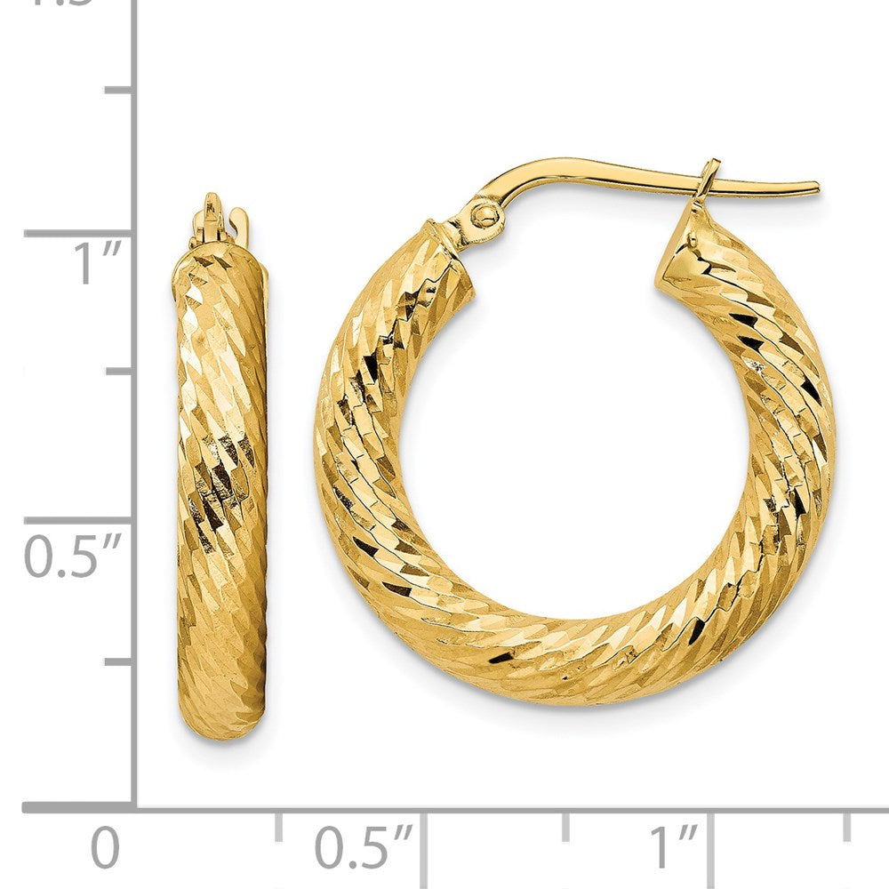14k 4mm Polished Diamond-cut Round Hoop Earrings