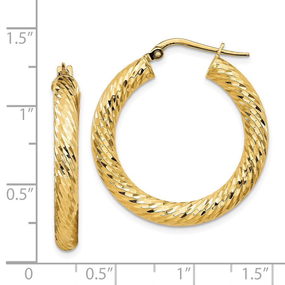 14k 4x20mm Diamond-cut Round Hoop Earrings