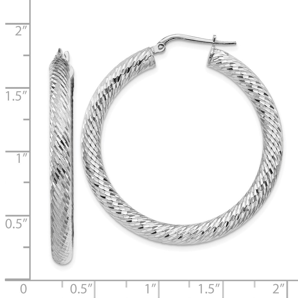 14k 4x30mm White Gold Diamond-cut Round Hoop Earrings