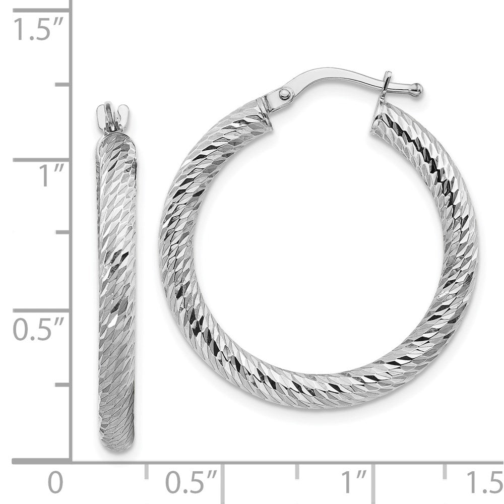 14k 3x20mm White Gold Diamond-cut Round Hoop Earrings
