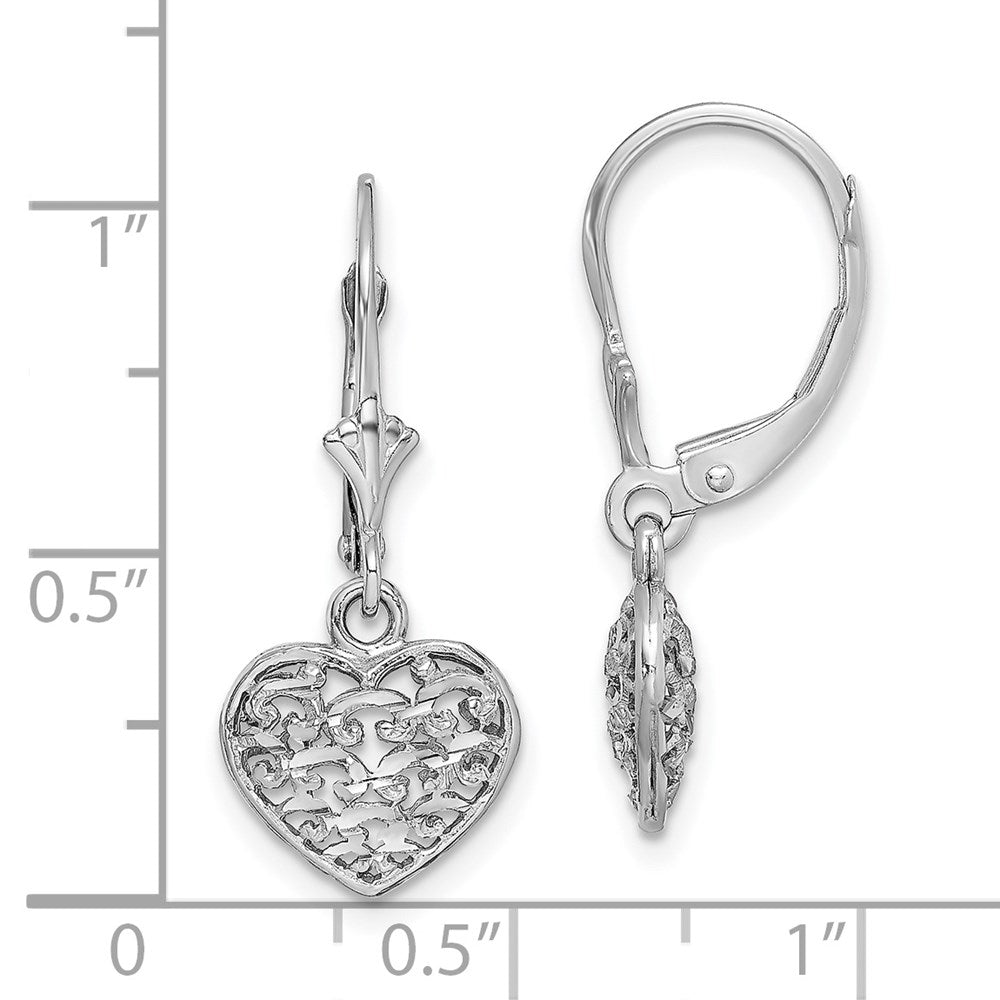14k White Gold 3-D Mini D/C Puffed Heart Leverback Earrings