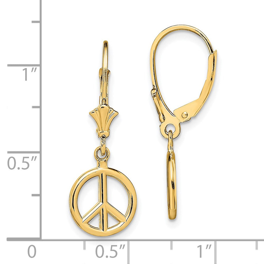14K Yellow Gold 3-D Peace Symbol Leverback Earrings
