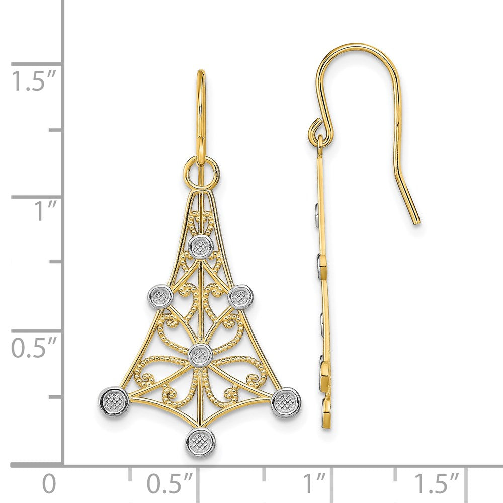 14K Yellow Gold w/Rhodium Fancy Dangle Wire Earrings