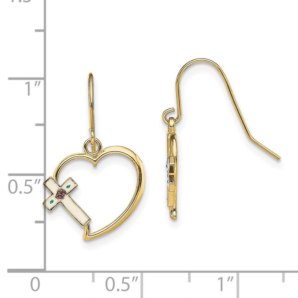 14K Yellow Gold w/ Enamel Cross Heart Dangle Earrings