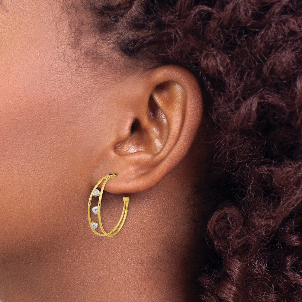14K & White Rhodium Polished CZ Post Hoop Earrings
