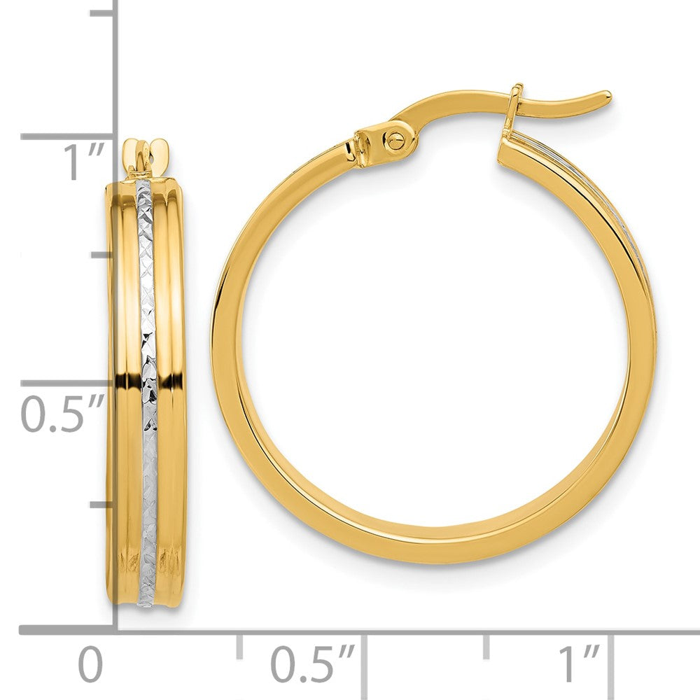 14K w/ White Rhodium Polished and Diamond-cut Hoop Earrings