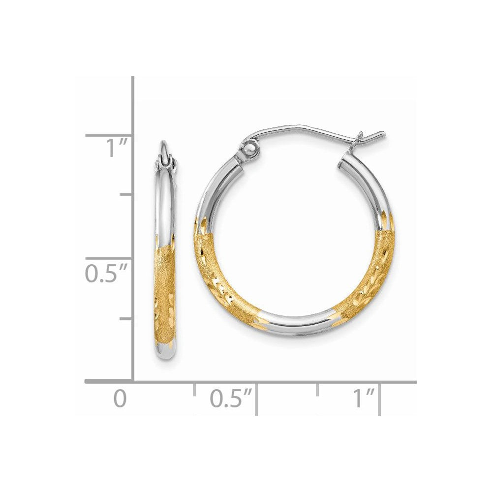 14k Yellow Gold w/White Rhodium 2mm Satin and Polished Diamond-cut Hoop Earrings