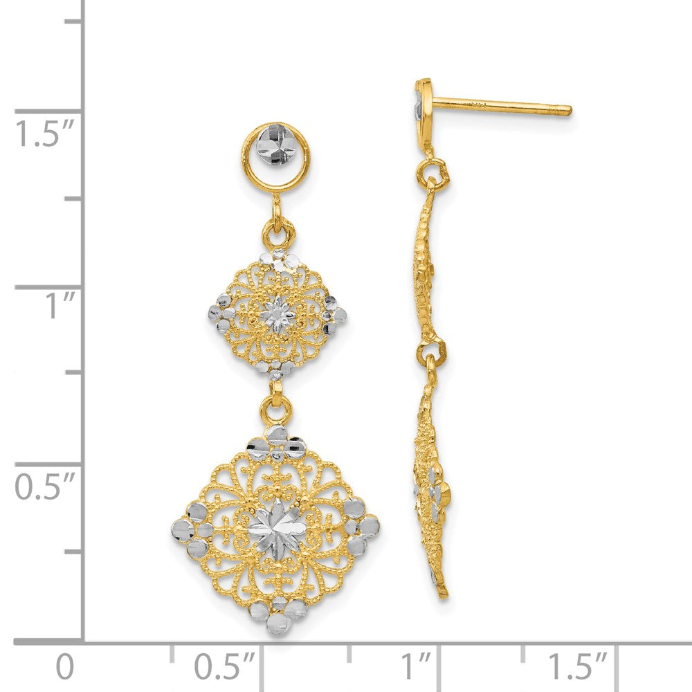 14k Yellow Gold Rhodium Diamond-cut Filigree Dangle Earrings
