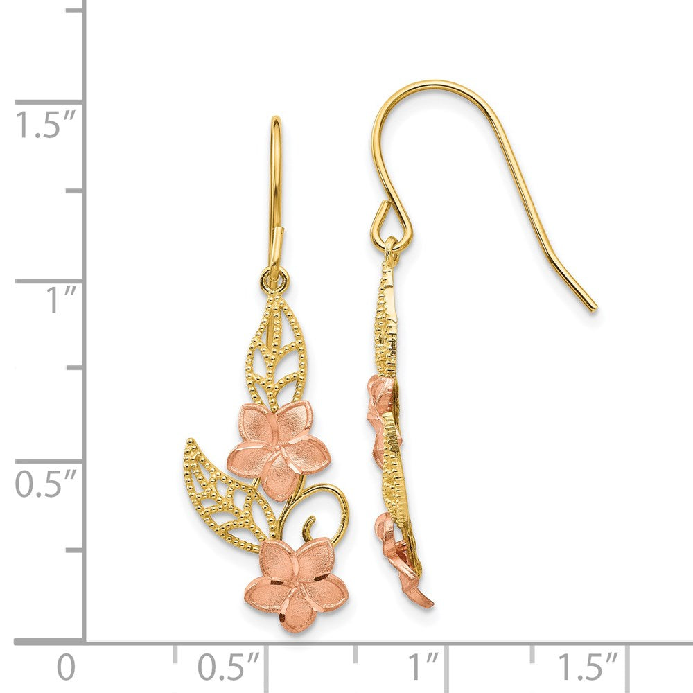 14K Yellow Gold Two-tone Fancy Plumeria Dangle Earrings