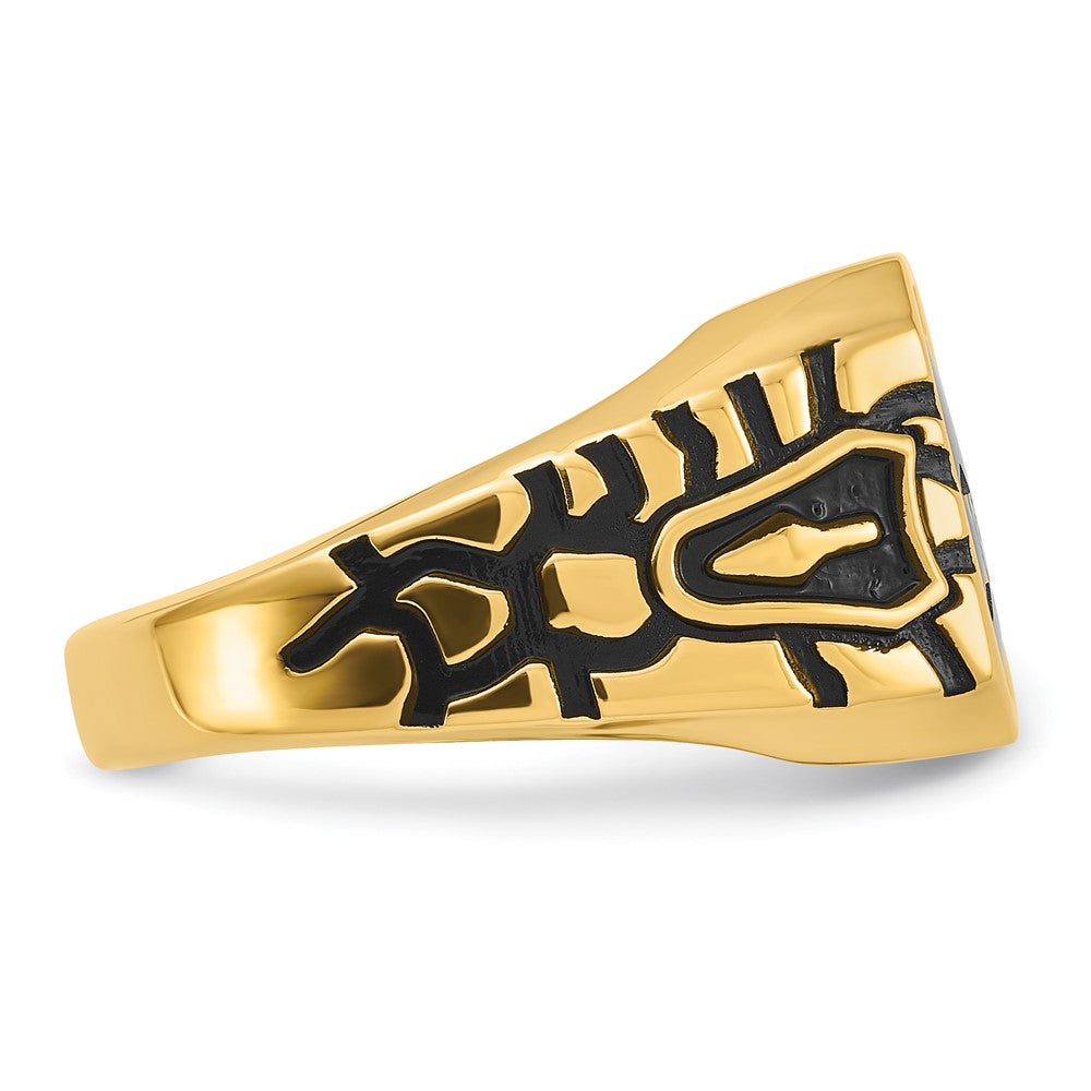 14k Men's Polished, Antiqued and Grooved with Imitation Blue Spinel Masonic Ring