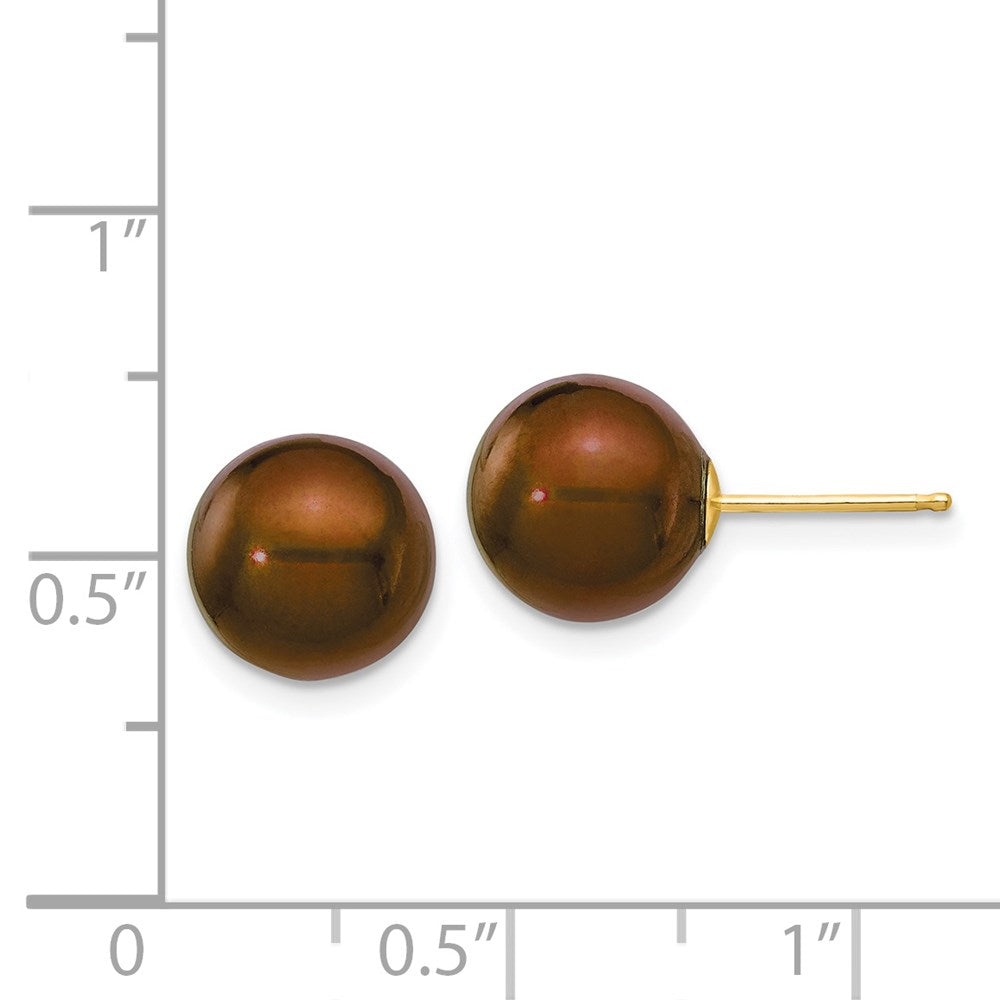 14k Yellow Gold 9-10mm Brown Round Freshwater Cultured Pearl Stud Post Earrings