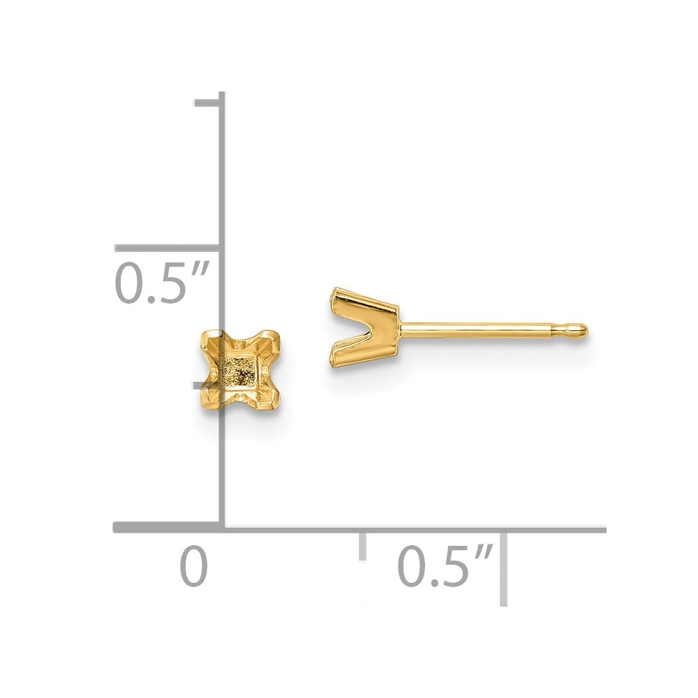 14k Yellow Gold 3.25mm Princess-cut Stud Earring Mountings