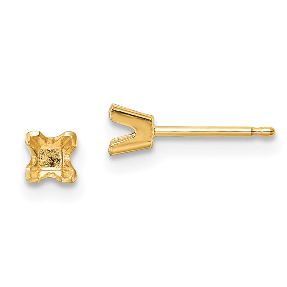 14k Yellow Gold 3.25mm Princess-cut Stud Earring Mountings