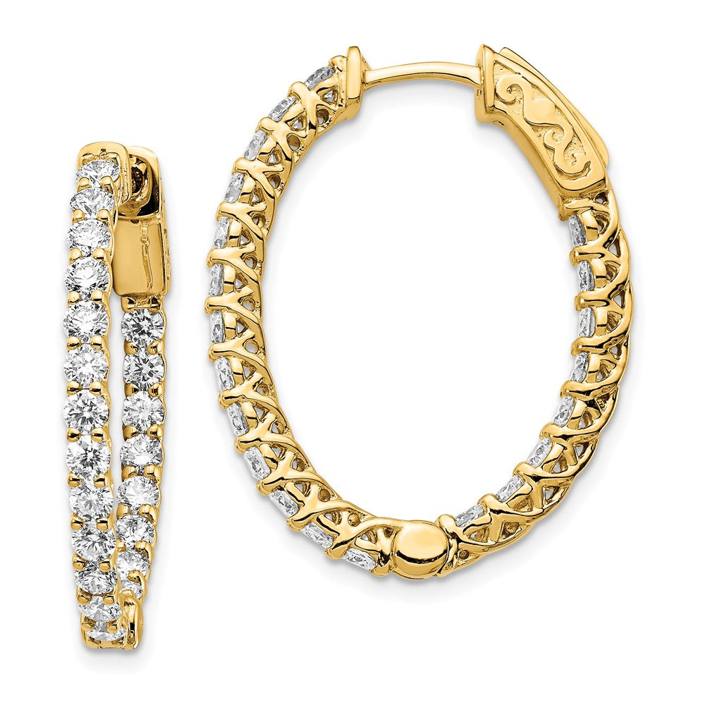 14k Yellow Gold Diamond Oval Hoop w/Safety Clasp Earrings