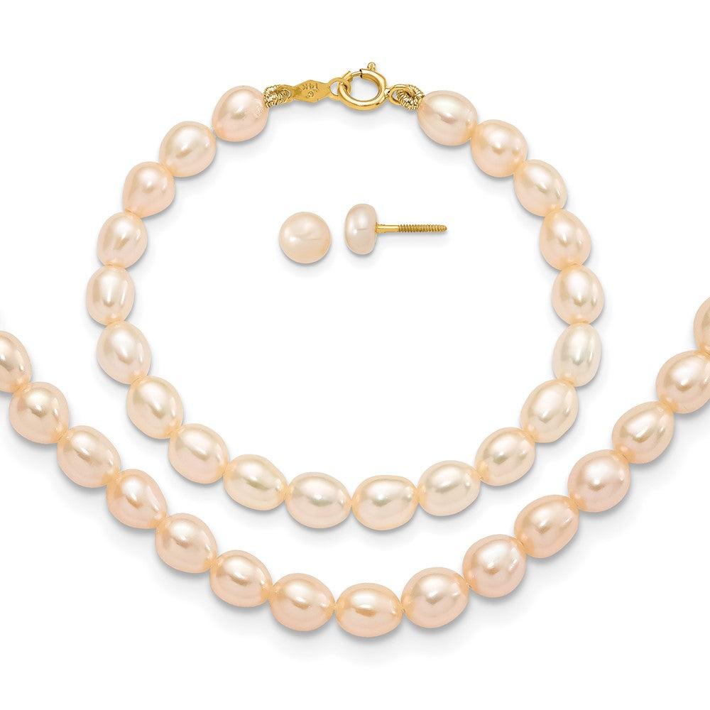 14k 3-4mm Semi-Round Pink Freshwater Cultured Pearl 12 inch Necklace, 5 inch Bracelet and Post Earring Set