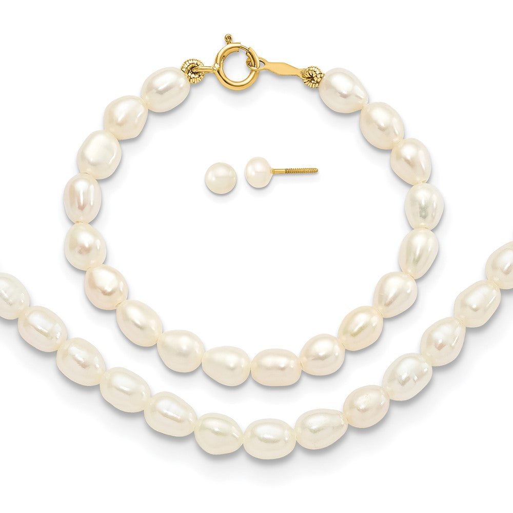 14k 3-4mm Semi-Round White Freshwater Cultured Pearl 12 inch Necklace, 4 inch Bracelet and Post Earrings Set