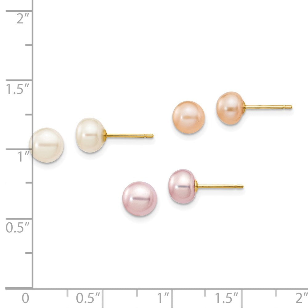 14k 6-7mm Multicolor Button Freshwater Cultured Pearl Boxed 3 Pair Post Earrings Set