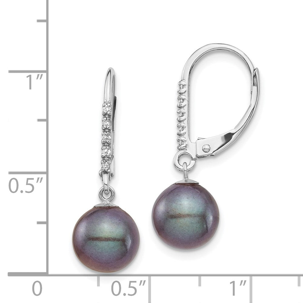 14k White Gold 8-9mm Black Round Freshwater Cultured Pearl and .05 Carat Diamond Dangle Leverback Earrings