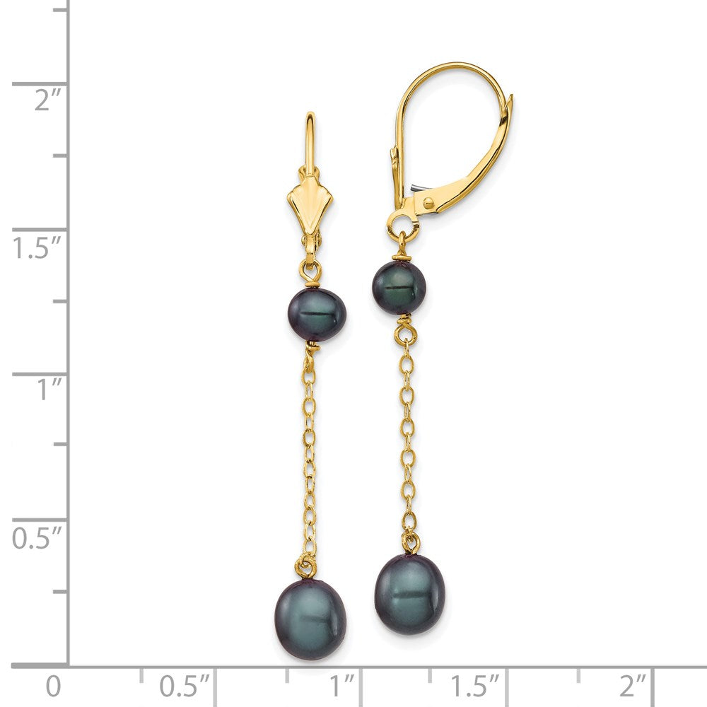 14k 5-7mm Black Rice and Semi-Round Freshwater Cultured Pearl Dangle Leverback Earrings