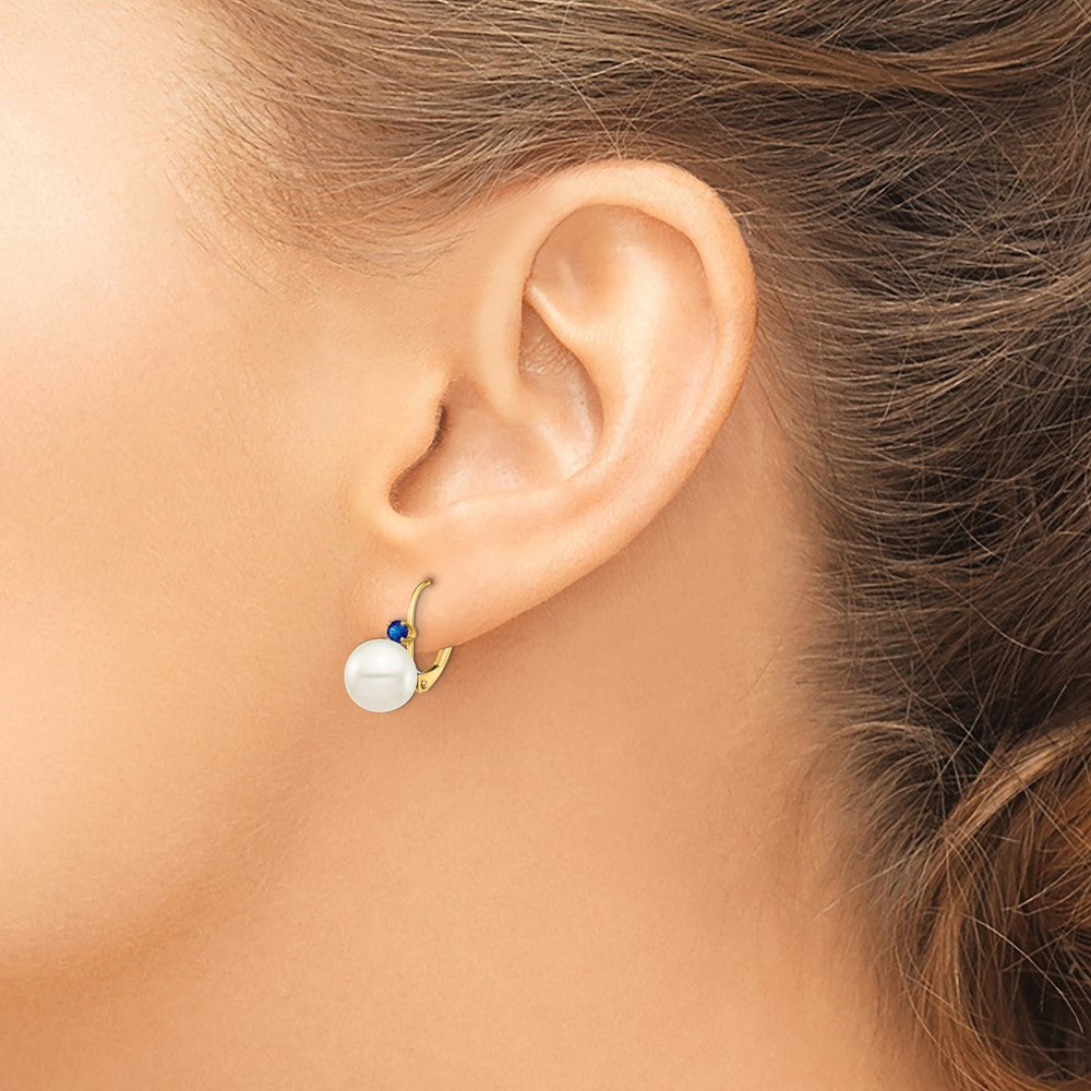 14k 8-8.5mm White Round Freshwater Cultured Pearl and .18SA Sapphire Leverback Earrings