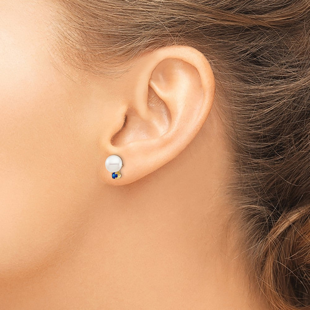 14k 7-7.5mm White Round Freshwater Cultured Pearl and .18SA Sapphire Post Earrings
