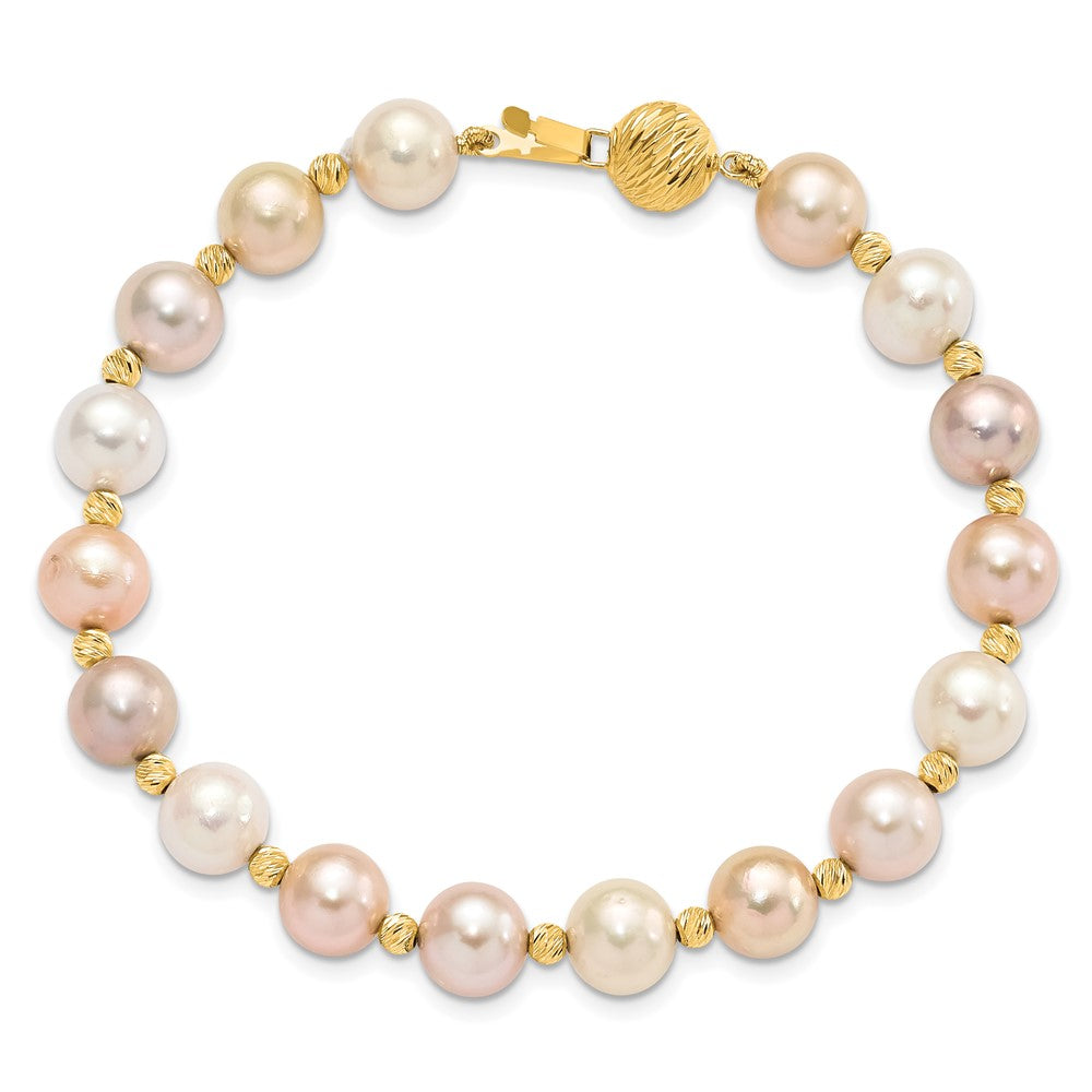 14k 8-9mm Pink, Purple and White Semi-Round Freshwater Cultured Pearl and Diamond-cut Beaded 7.5 inch Bracelet