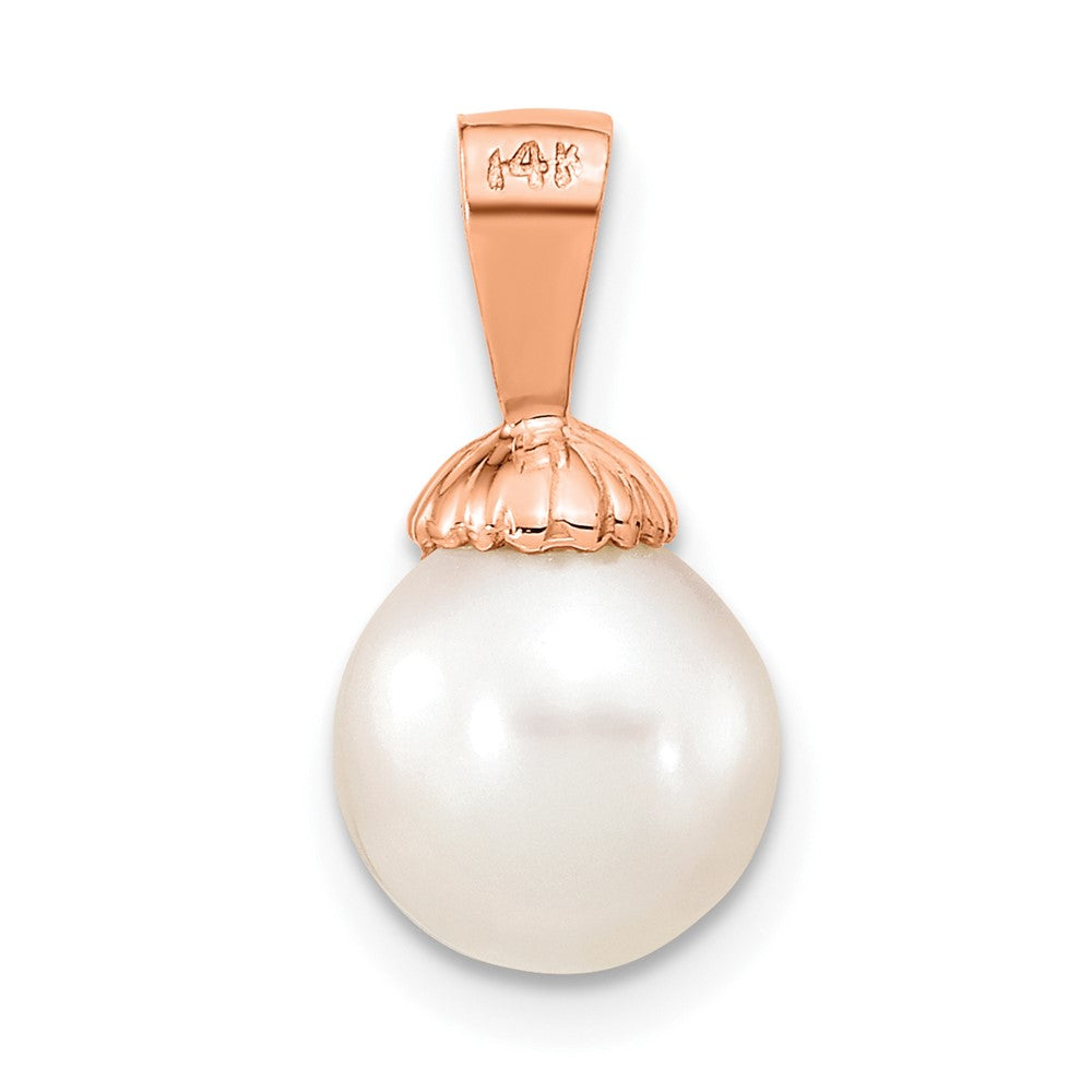 14K Rose Gold 8-9mm White Round Freshwater Cultured Pearl Pendant
