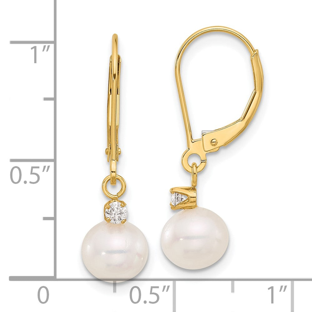 14k 7-8mm White Round Freshwater Cultured Pearl and .10 Carat Diamond Dangle Leverback Earrings