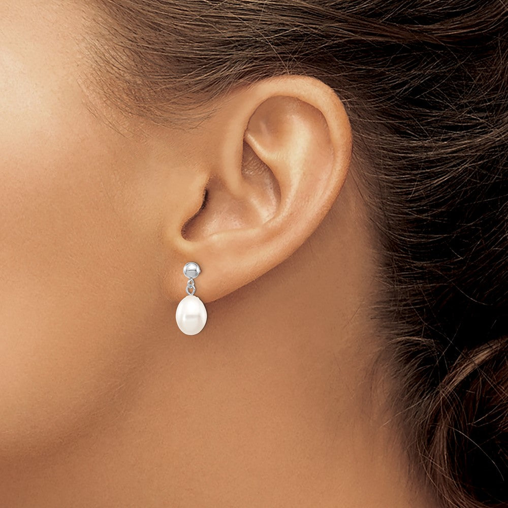 14k White Gold 7-8mm White Rice Freshwater Cultured Pearl Post Dangle Earrings