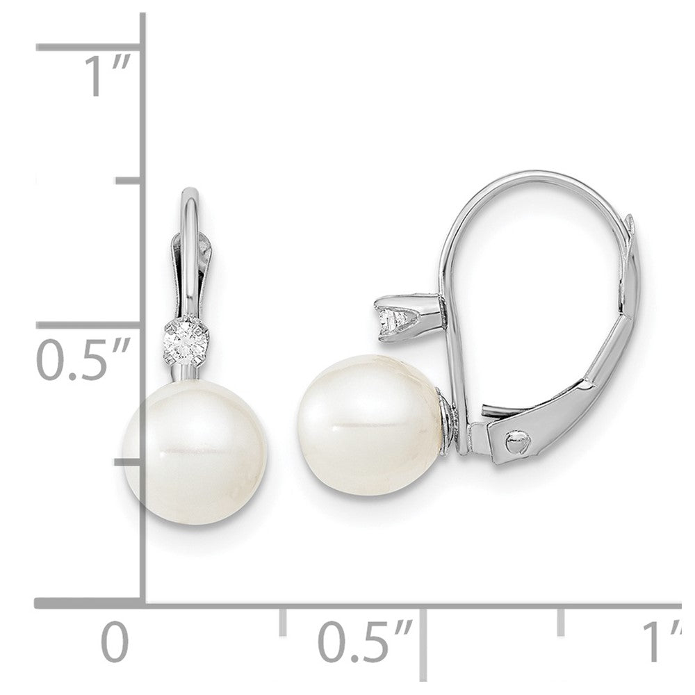 14k White Gold 6-7mm White Round Freshwater Cultured Pearl and .06 Carat Diamond Leverback Earrings