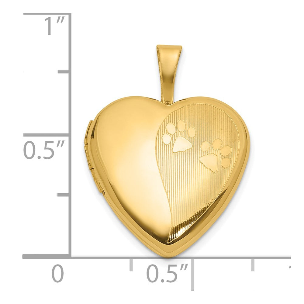 14K Textured and Polished Paw Prints 16mm Heart Locket