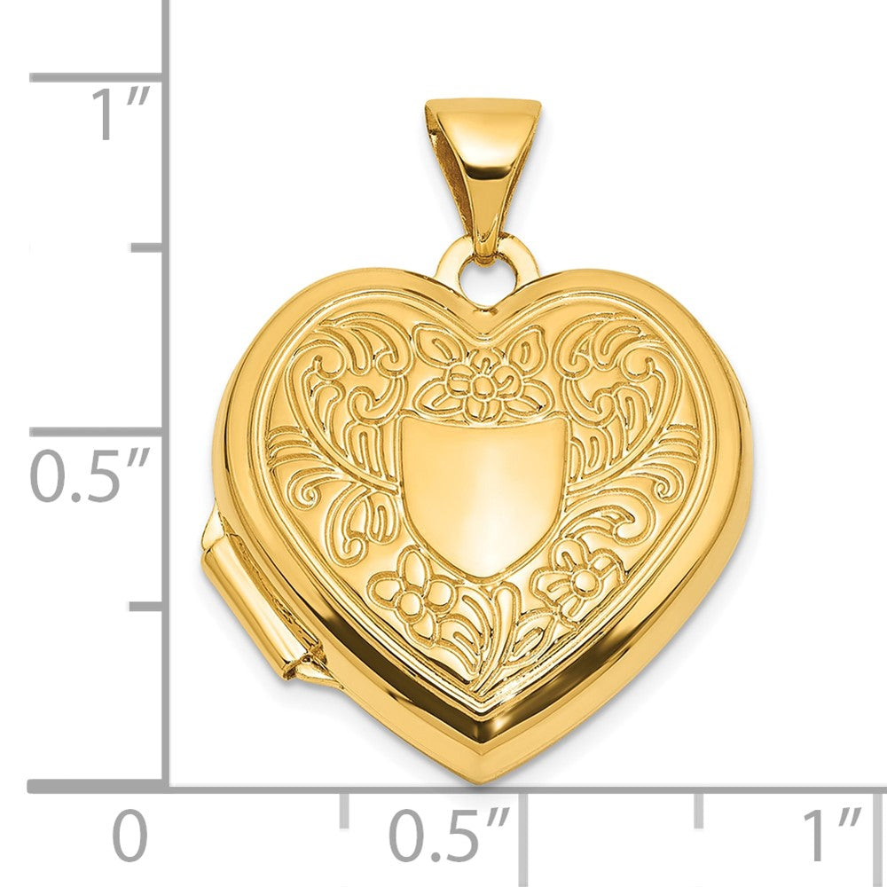 14K Polished Fancy Floral Border and Crest 18mm Heart Locket