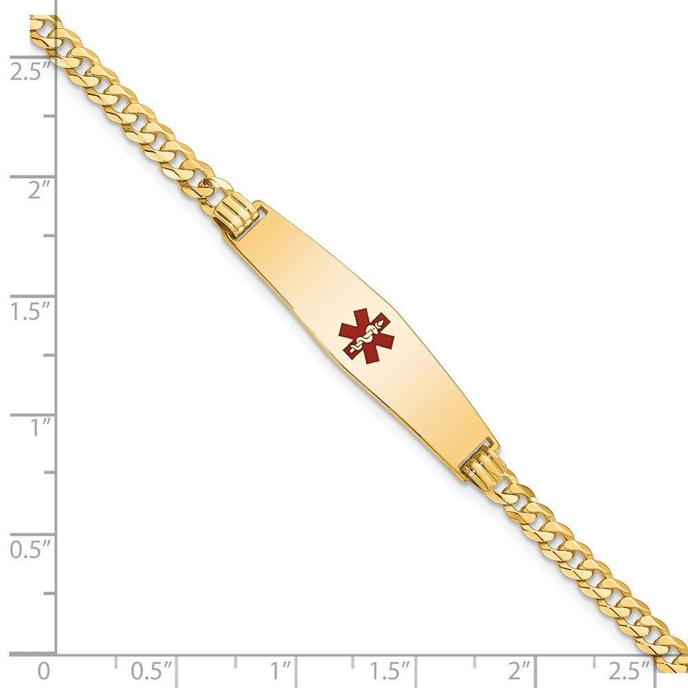 14K Yellow Gold Medical Soft Diamond Shape Red Enamel Flat Curb Link ID Bracelet