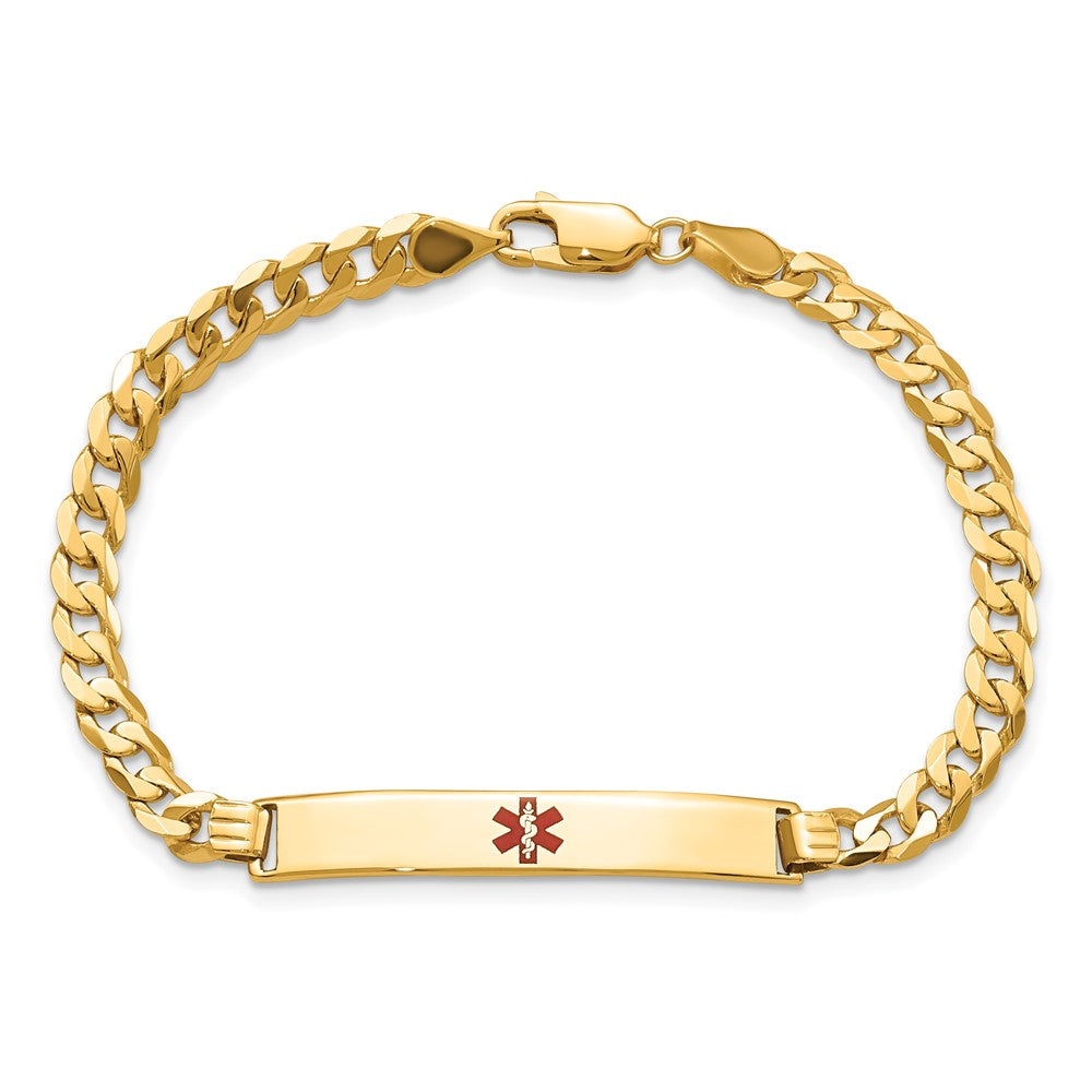 14K Yellow Gold Medical Red Enamel Flat Curb Link ID Bracelet